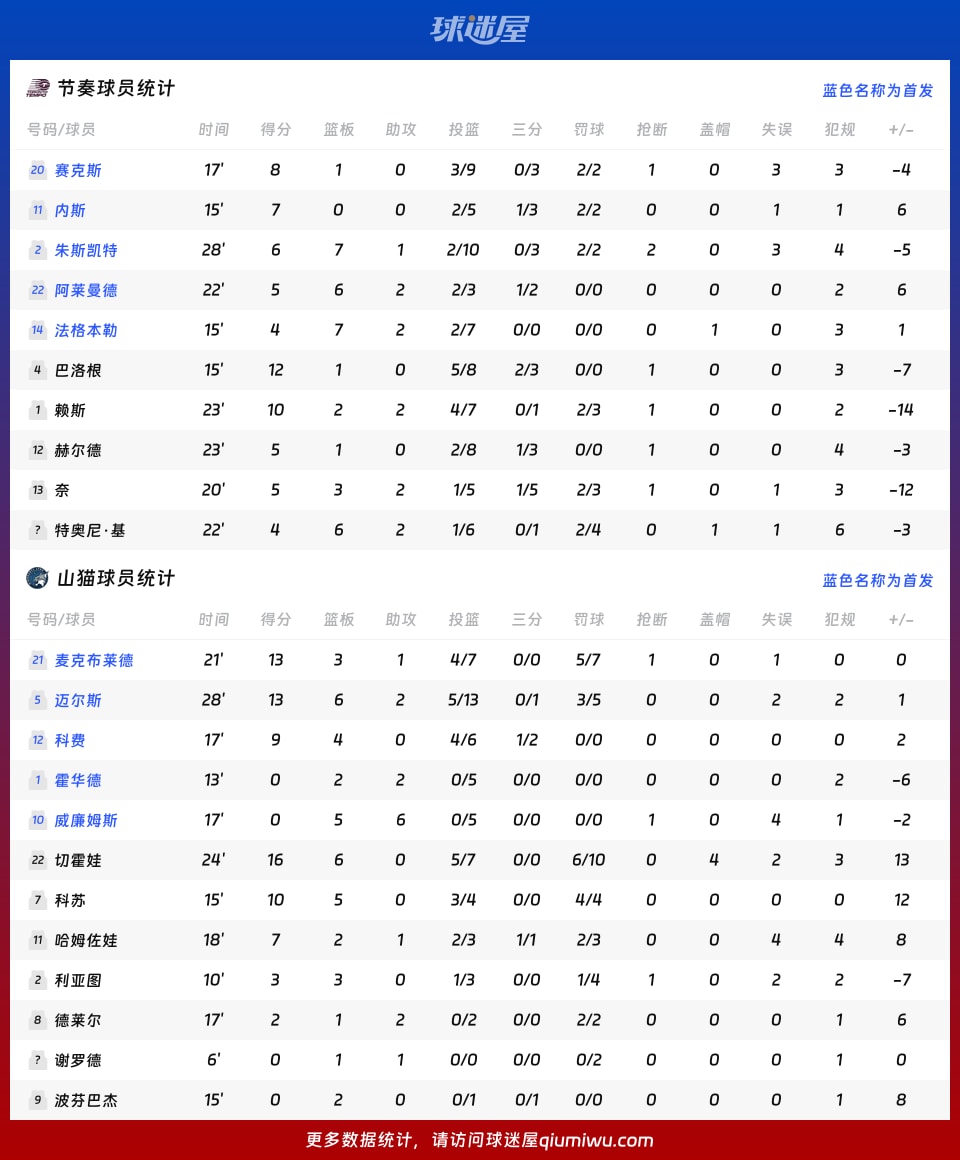 节奏vs山猫球员数据
